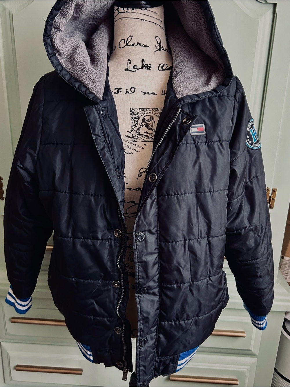 Tommy Hilfiger Black Puffer Jacket with Blue & White Trim